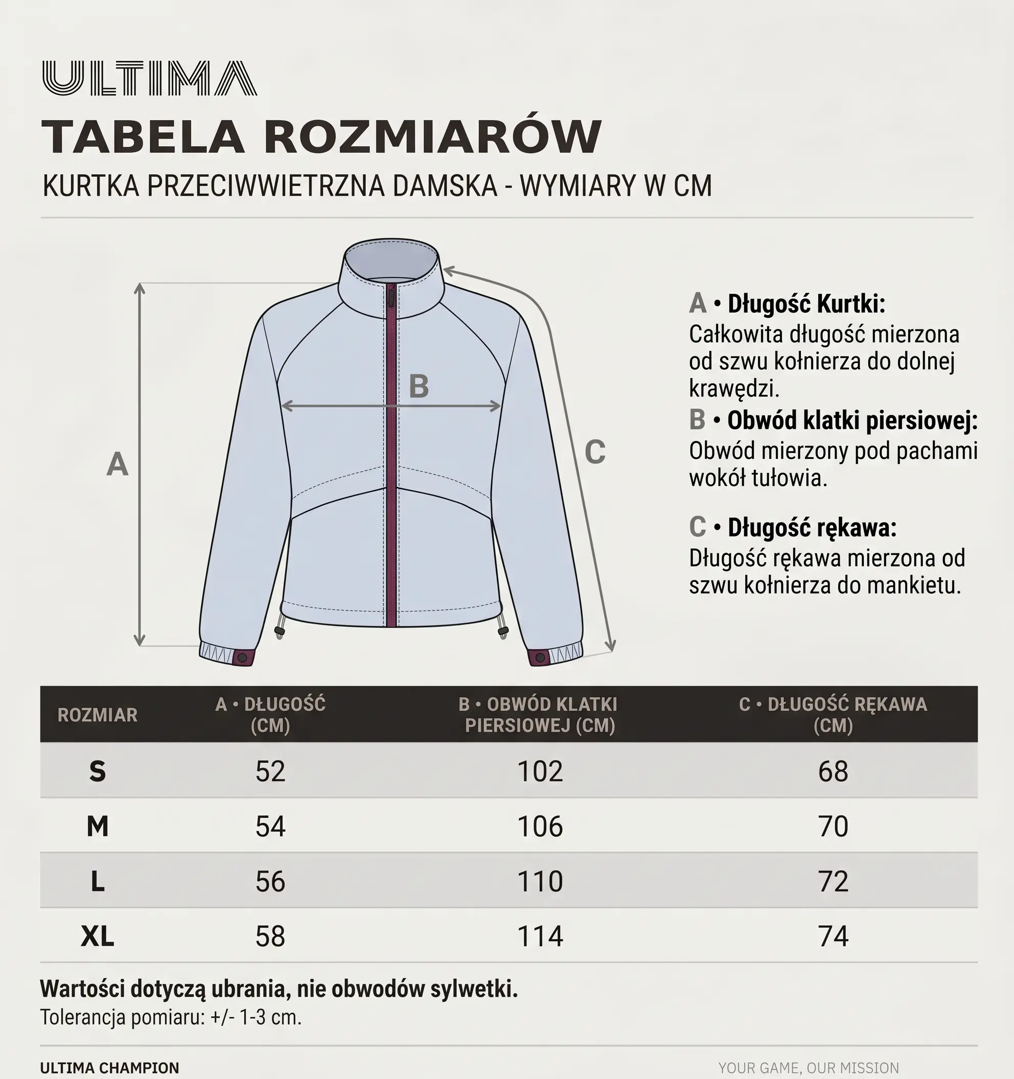 kurtka HYBRID tabela rozmiarów