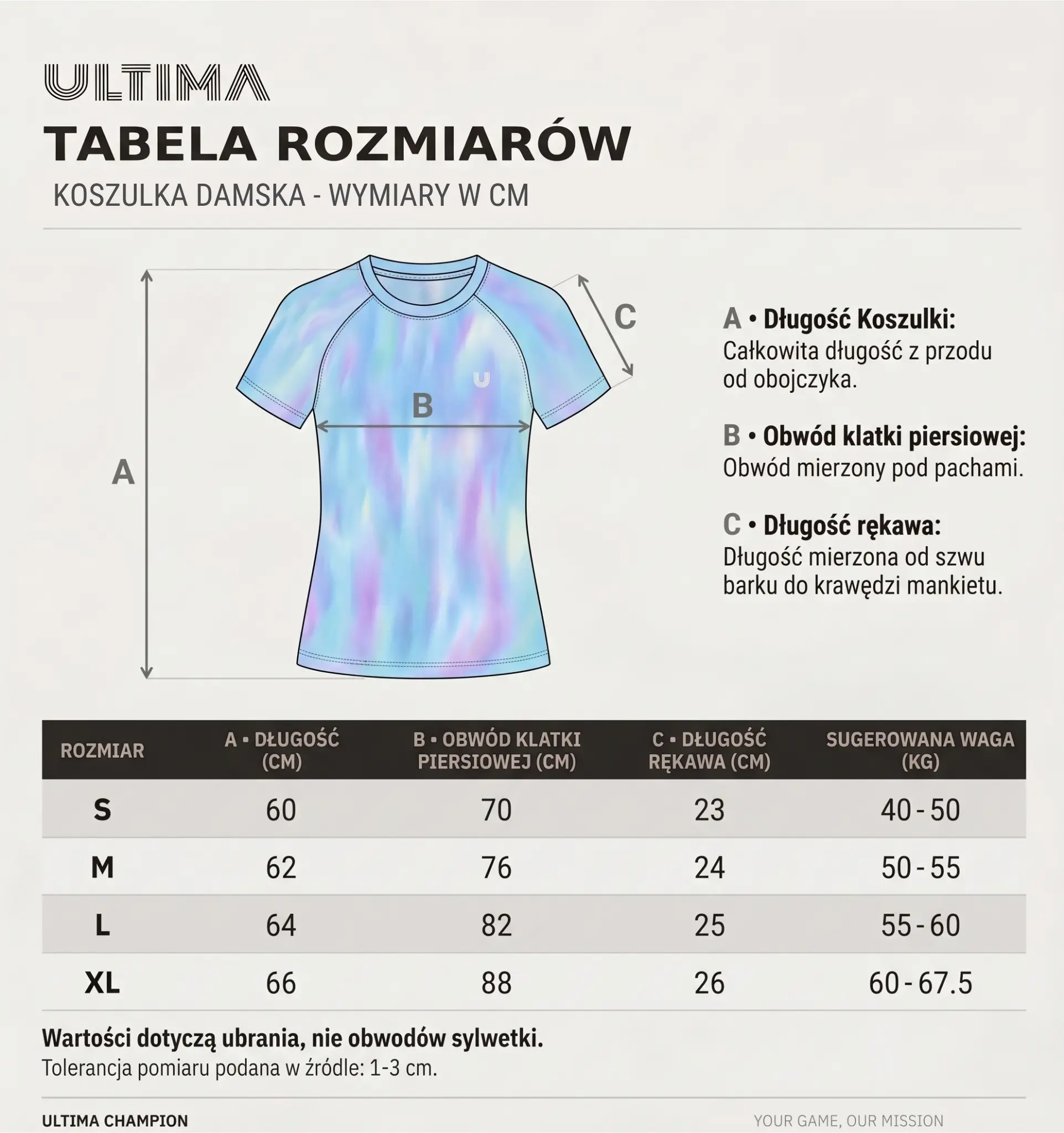 Koszulka Aurora tabela wymiarów